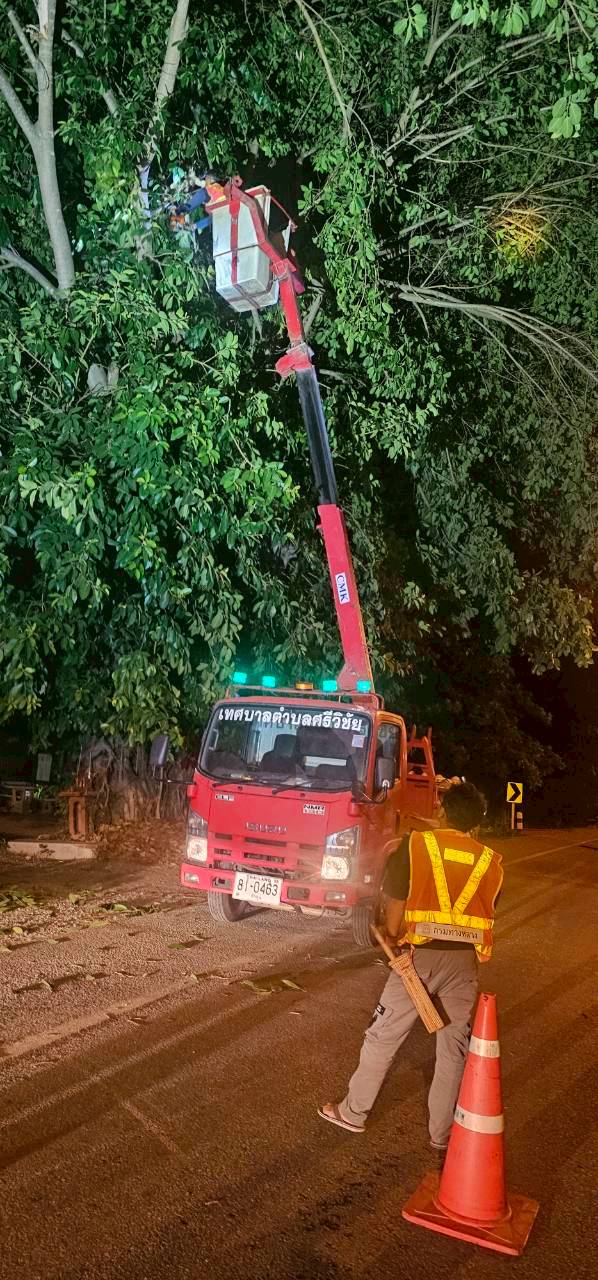 เจ้าหน้าที่สำนักปลัดงานป้องกันและบรรเทาสาธารณภัยออกบริการประชาชนตัดกิ่งต้นไม้